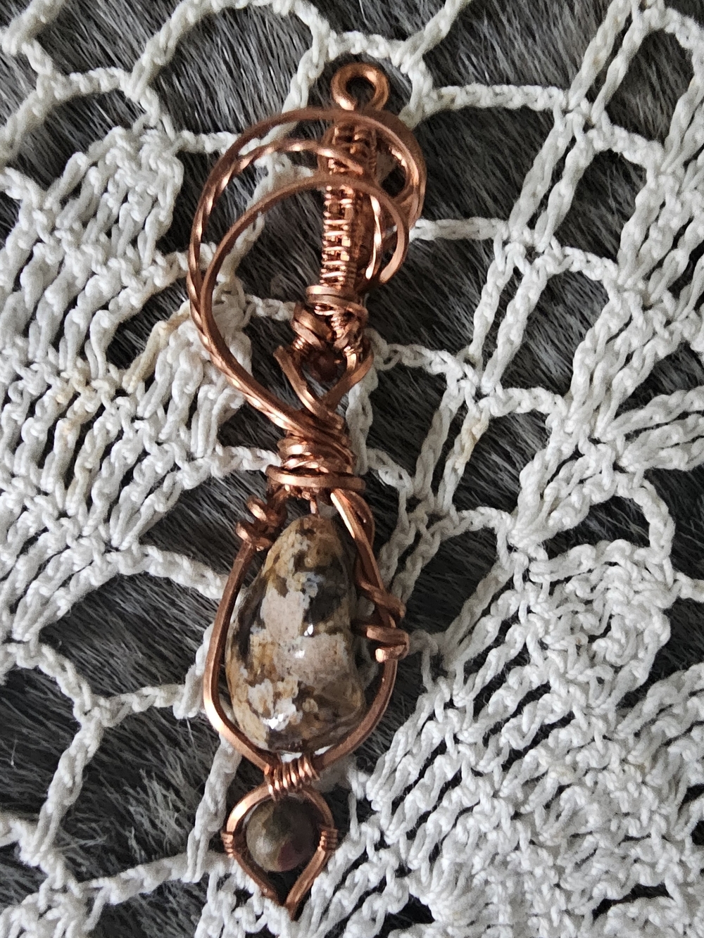 Artisan Copper Wire Wrapped Teardrop Style  Stone Pendant - Brown & Cream